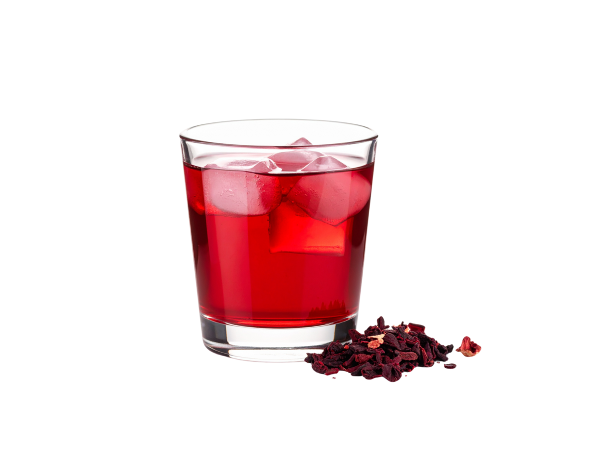 Refreshing Iced Hibiscus Tea in Glass with Dried Flower Petals. png