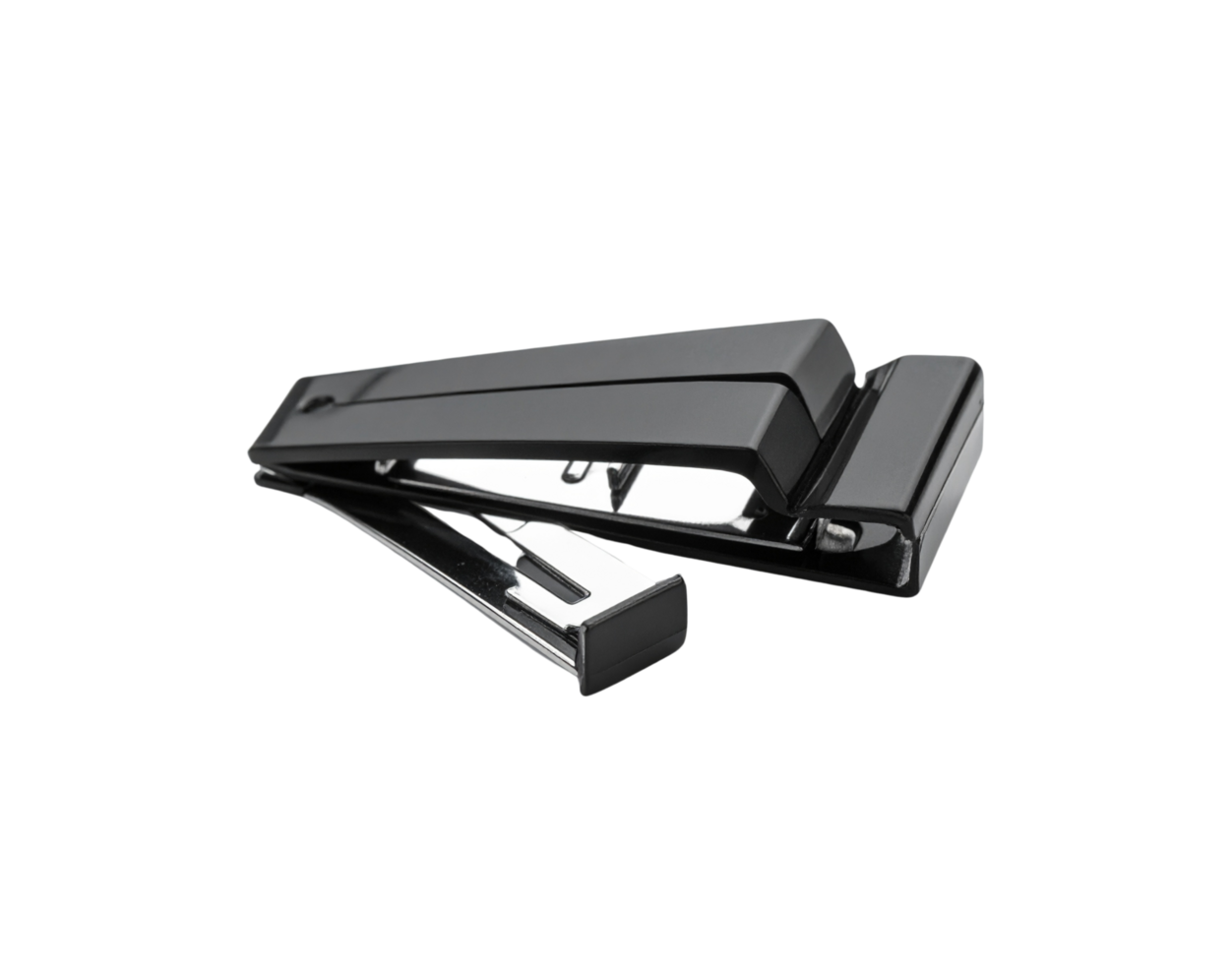 Sleek Black Stapler with Open Loading Tray Showing Metal Mechanism and Modern Design. png