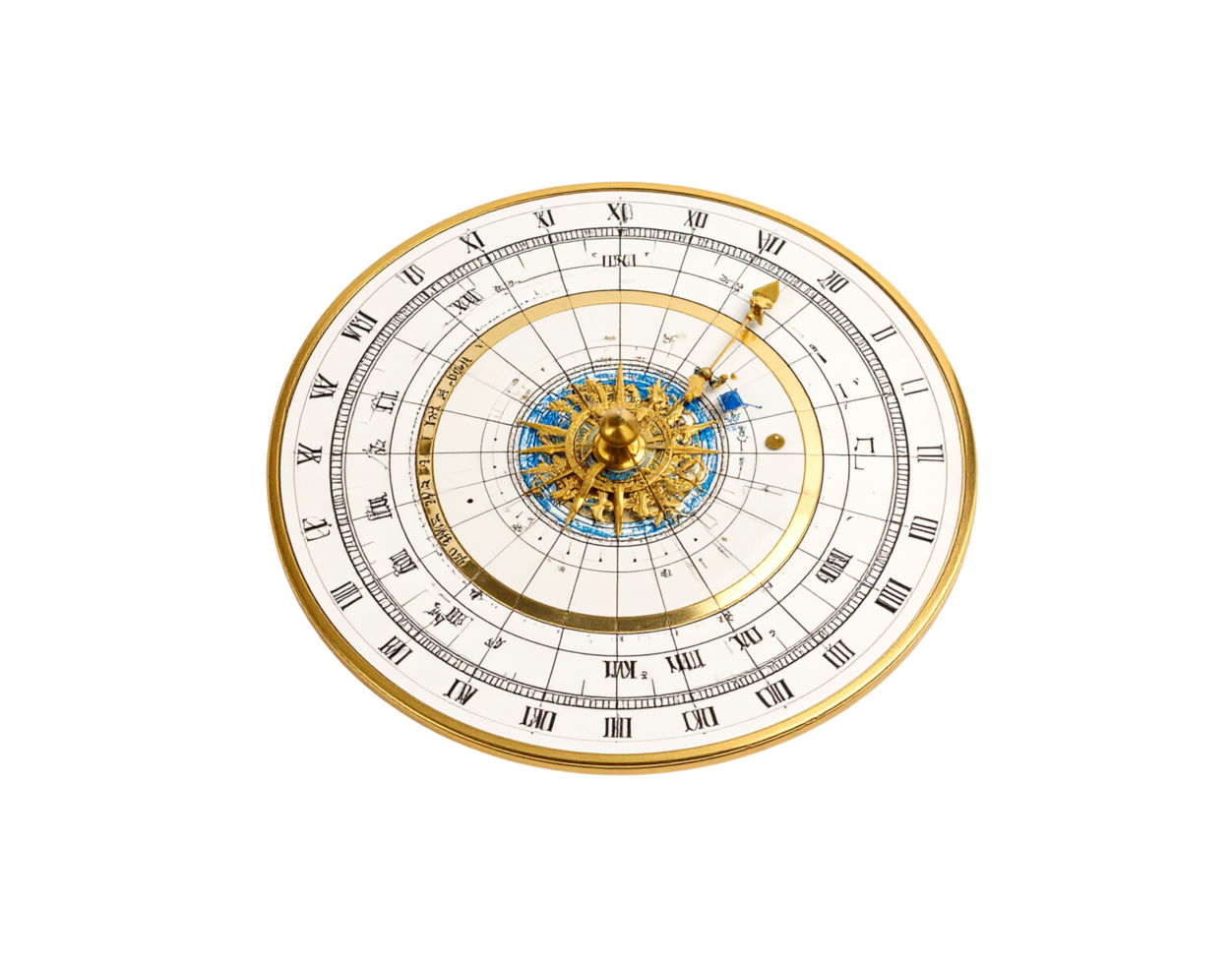 Antique Celestial Orrery with Gold Frame Detailed Celestial Chart Roman Numerals and Moving Planetary Components. png