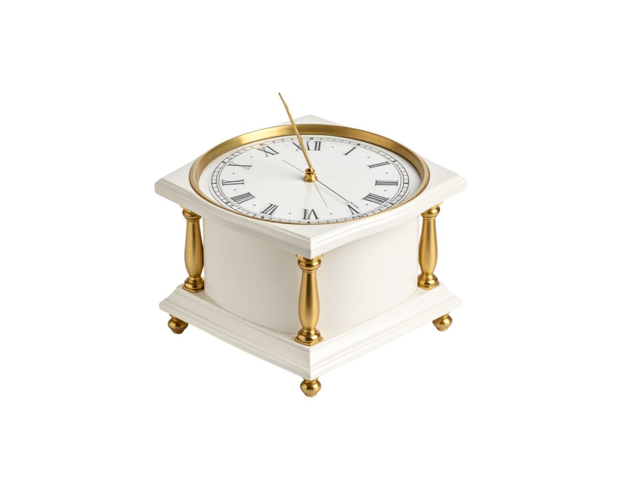 Elegant White and Gold Mantel Clock with Roman Numerals. png