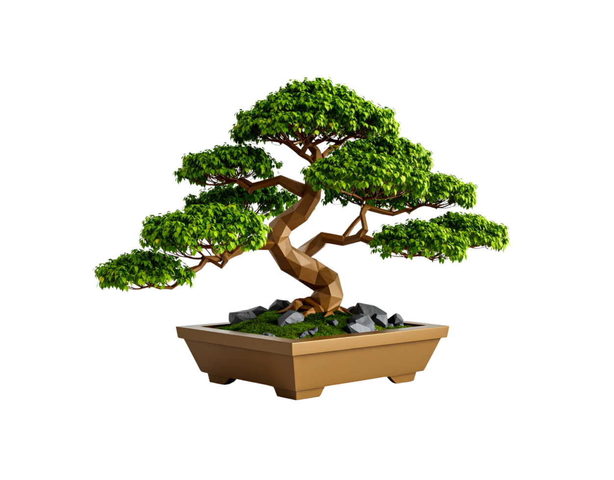 Lowpolygonal Bonsai Tree in Bronze Pot Lush Green Foliage Detailed Trunk. png