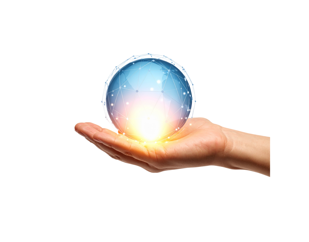 Glowing Blue Networked Globe Held in Open Palm of a Hand. png