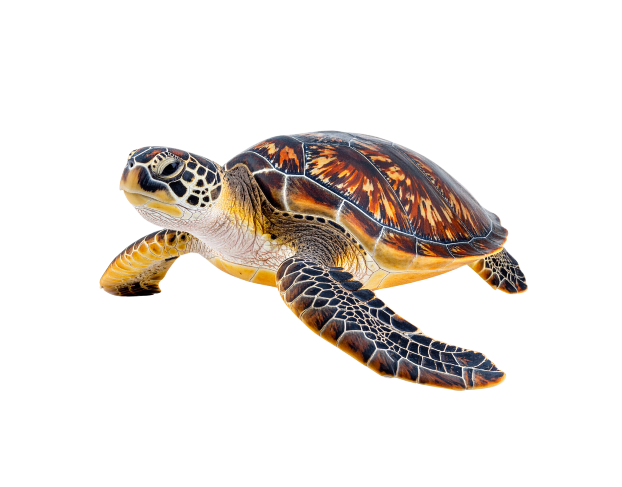 Hawksbill Sea Turtle with Striking Orange and Black Carapace Swimming Pose. png