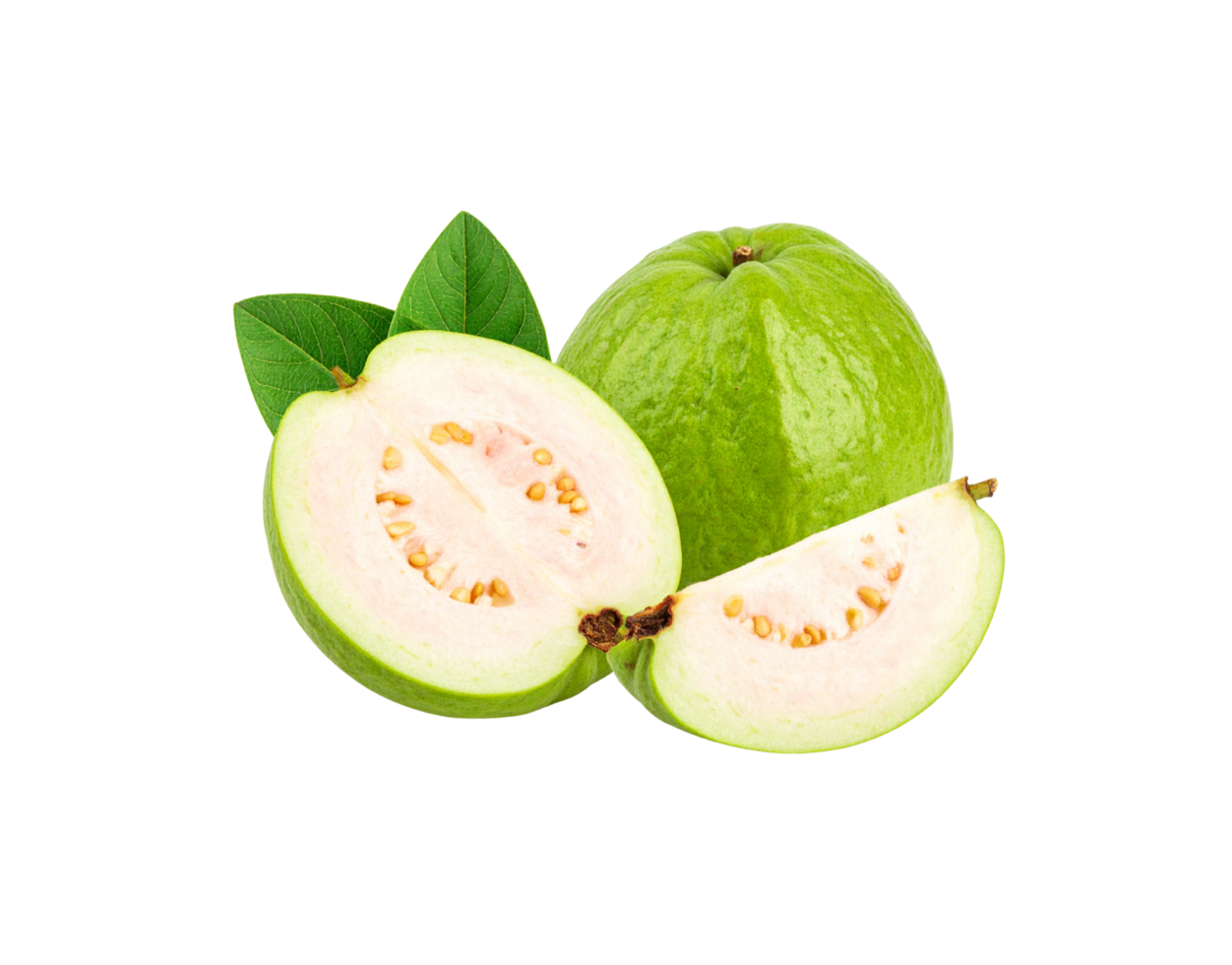 Fresh Green Guava Fruit with Pink Flesh Halved and Sliced with Leaves. png