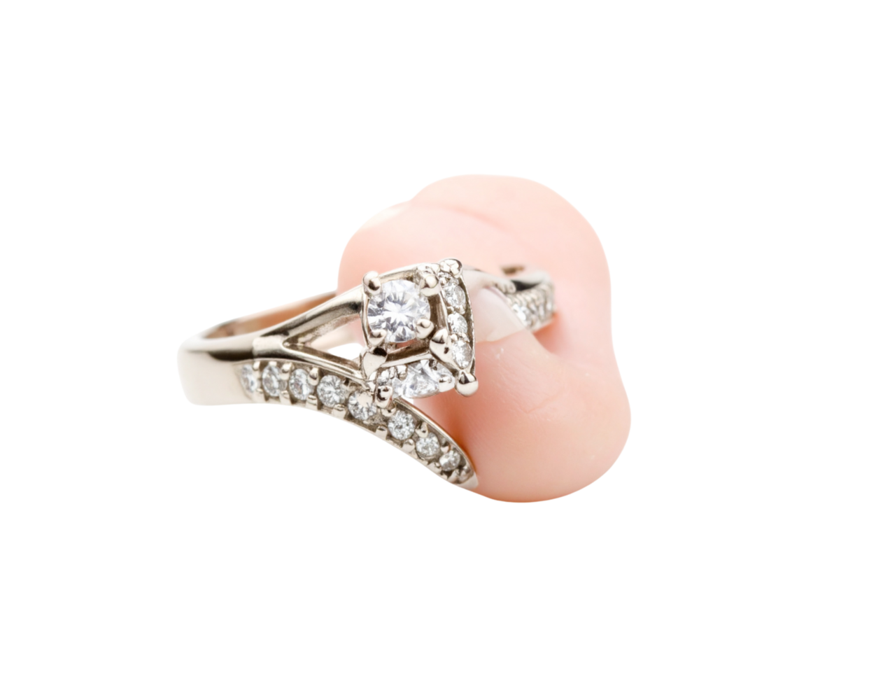 Elegant Diamond Engagement Ring with Swept Design and Central SquareCut Stone. png