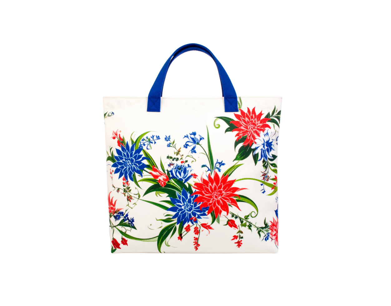 White Canvas Tote Bag with Vibrant Red Blue Floral Print and Royal Blue Handles. png
