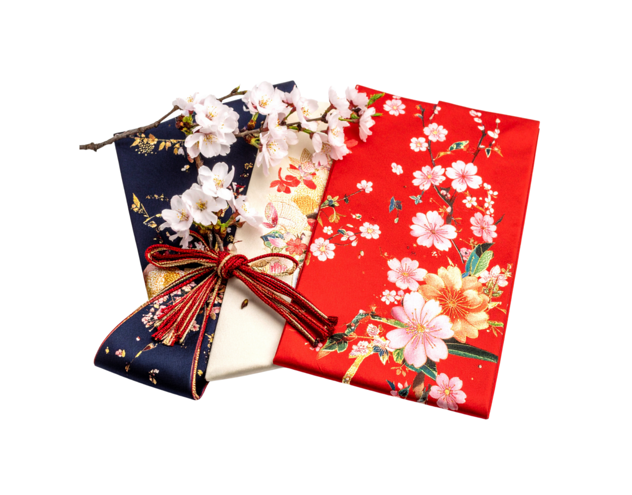 Elegant Japanese Fabric Envelopes with Cherry Blossom Print and Red Tassel. png