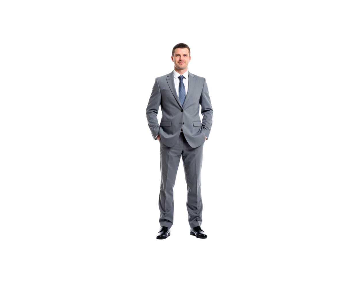 Confident Businessman in Gray Suit with Hands in Pockets. png