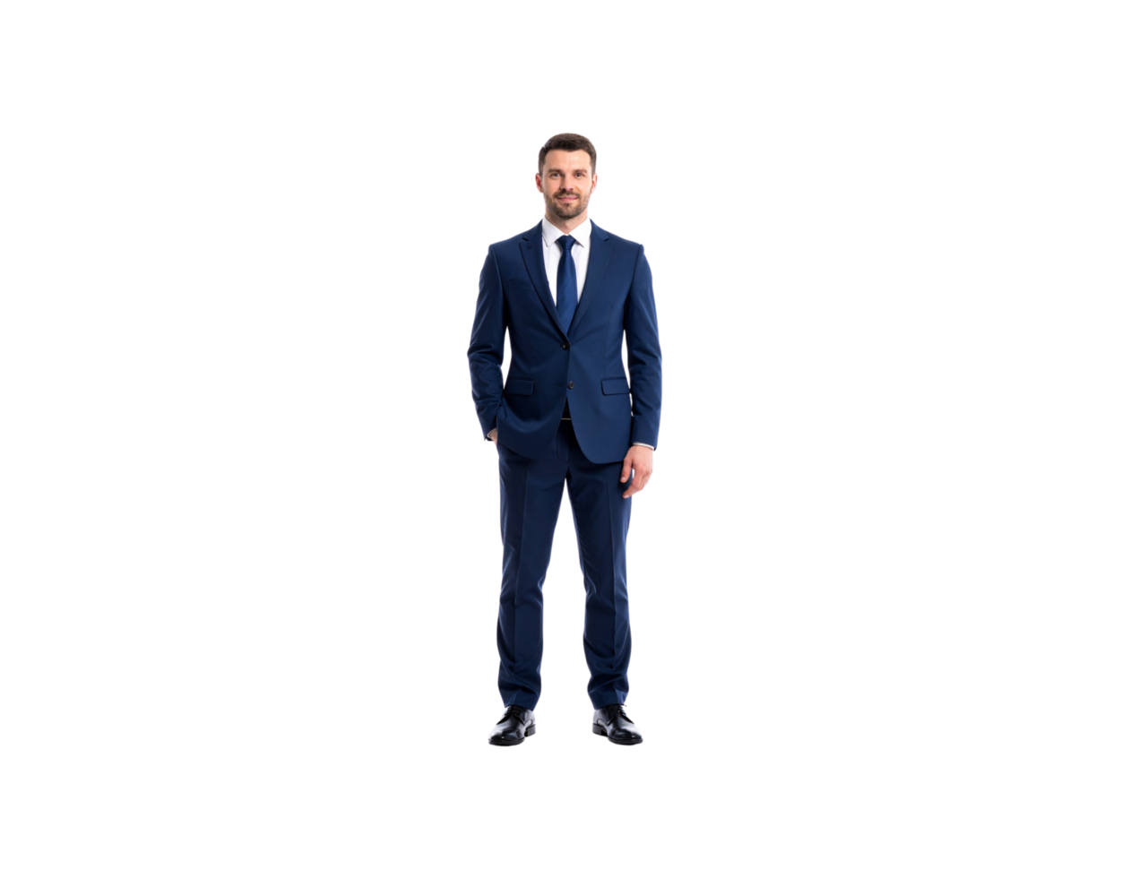 Confident Businessman in Navy Suit Standing with Hand in Pocket. png