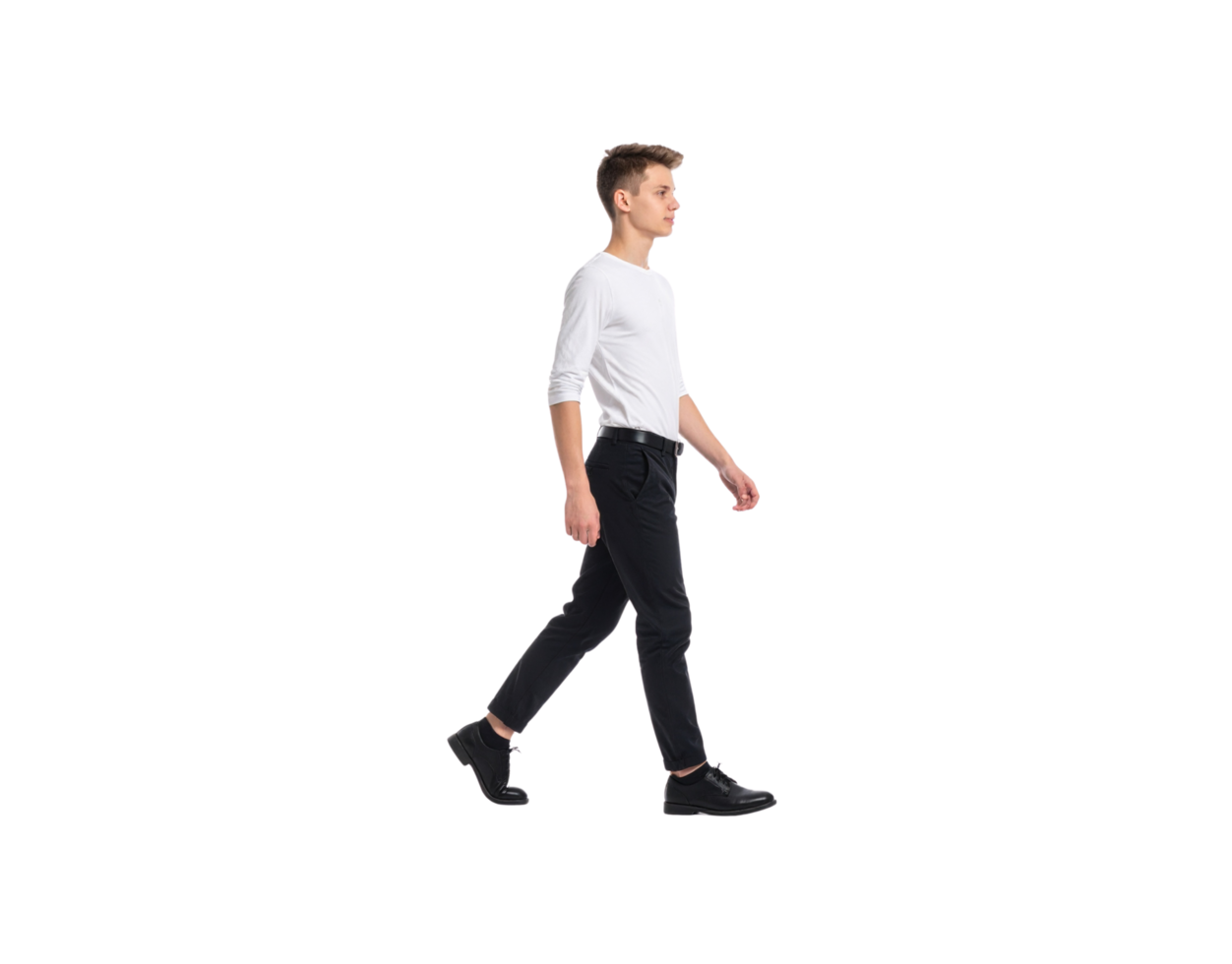 Young Man Walking in White Shirt and Black Pants Side View. png