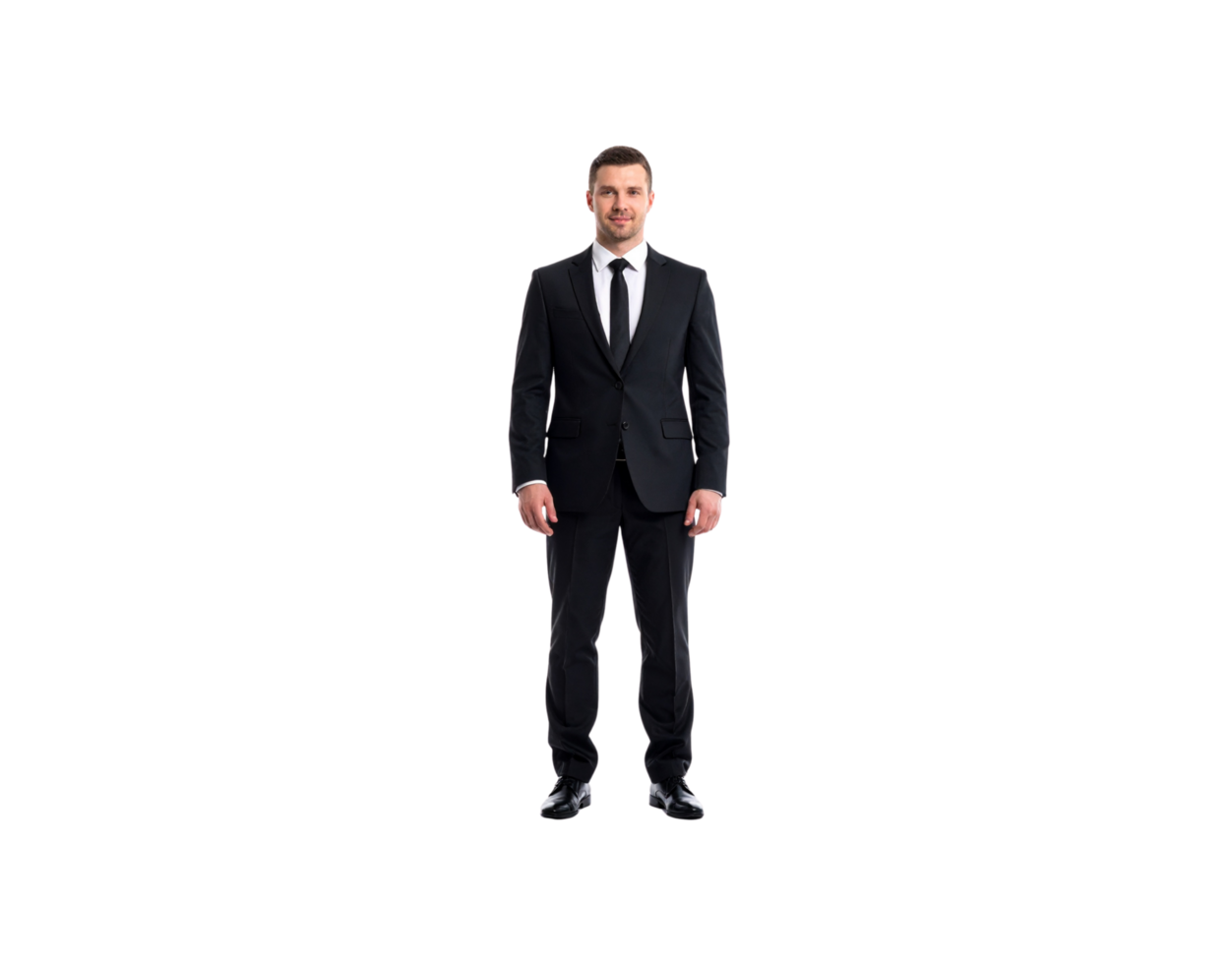 Confident Businessman in Black Suit and Tie Standing Front View. png