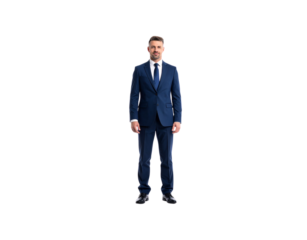 Confident Businessman in Blue Suit Standing Tall with a Smile. png
