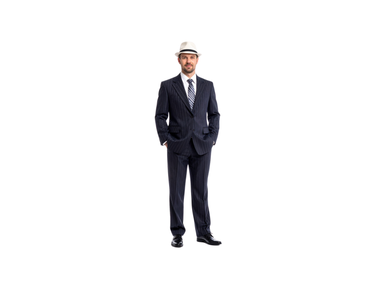Man in Pinstripe Suit and Fedora Hat Hands in Pockets Full Shot. png