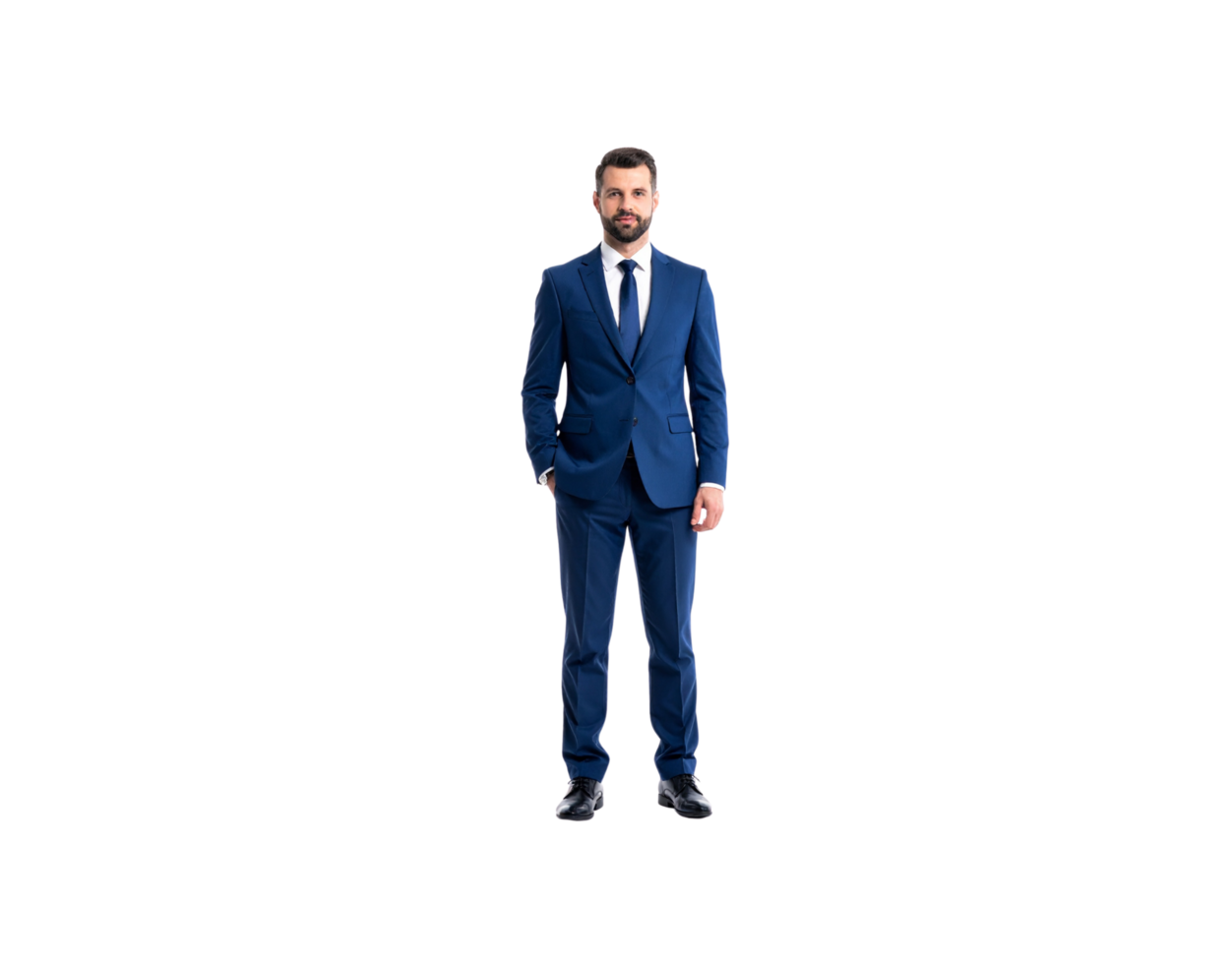 Confident Businessman in Blue Suit Standing with Hand in Pocket. png