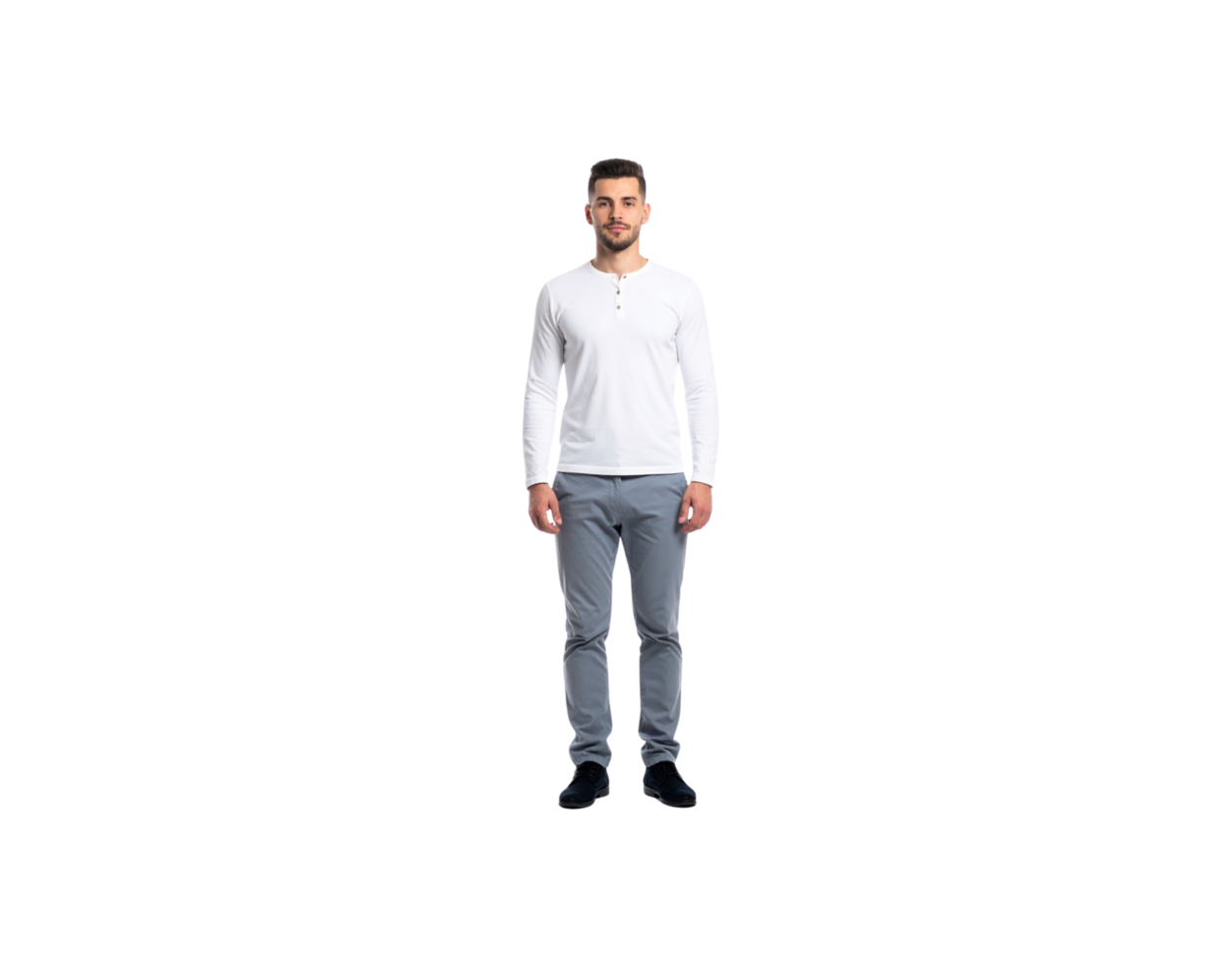 Standing Man in White Long Sleeve Shirt and Gray Pants. png