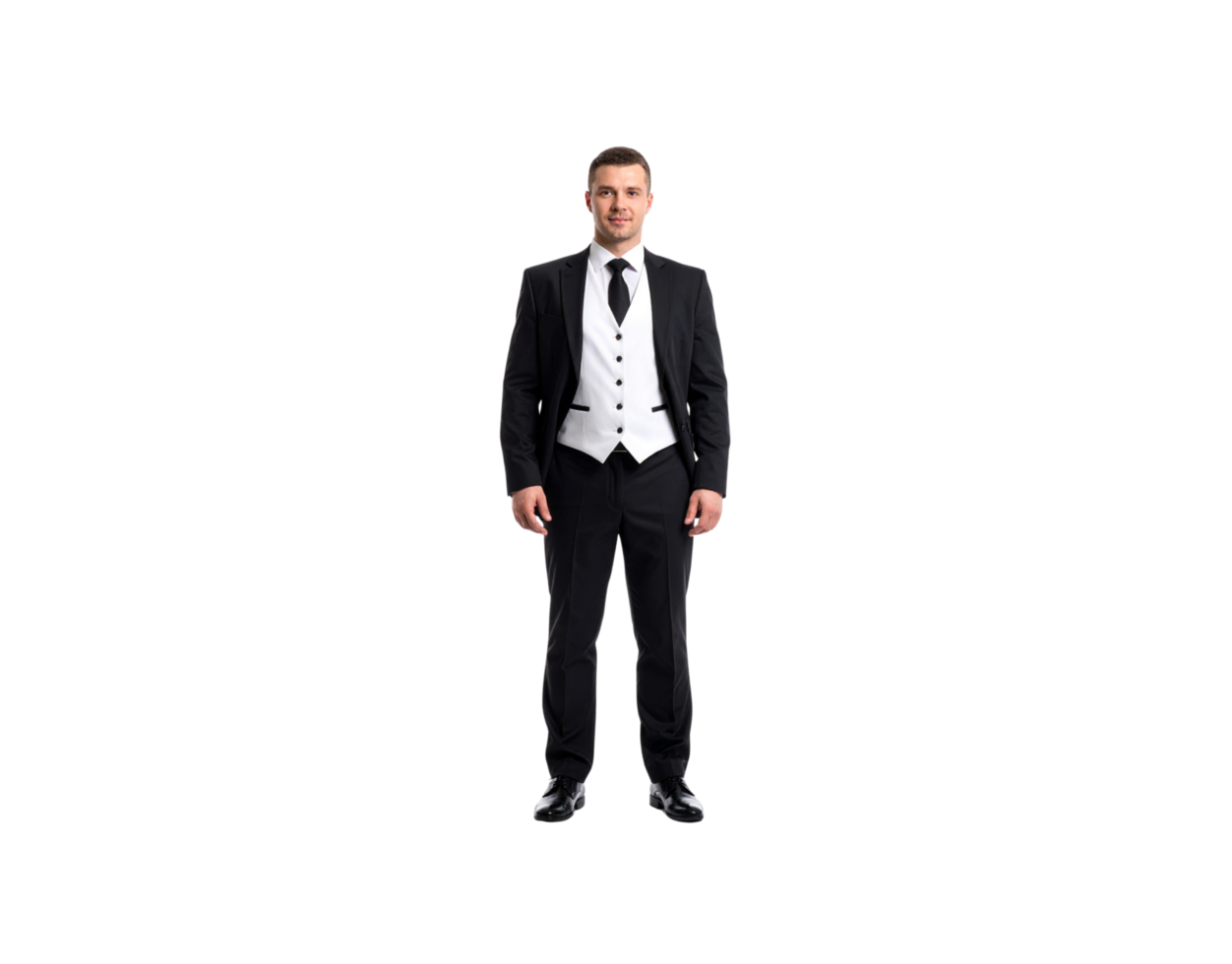 Elegant Man in Black Suit and White Vest Standing Confidently. png