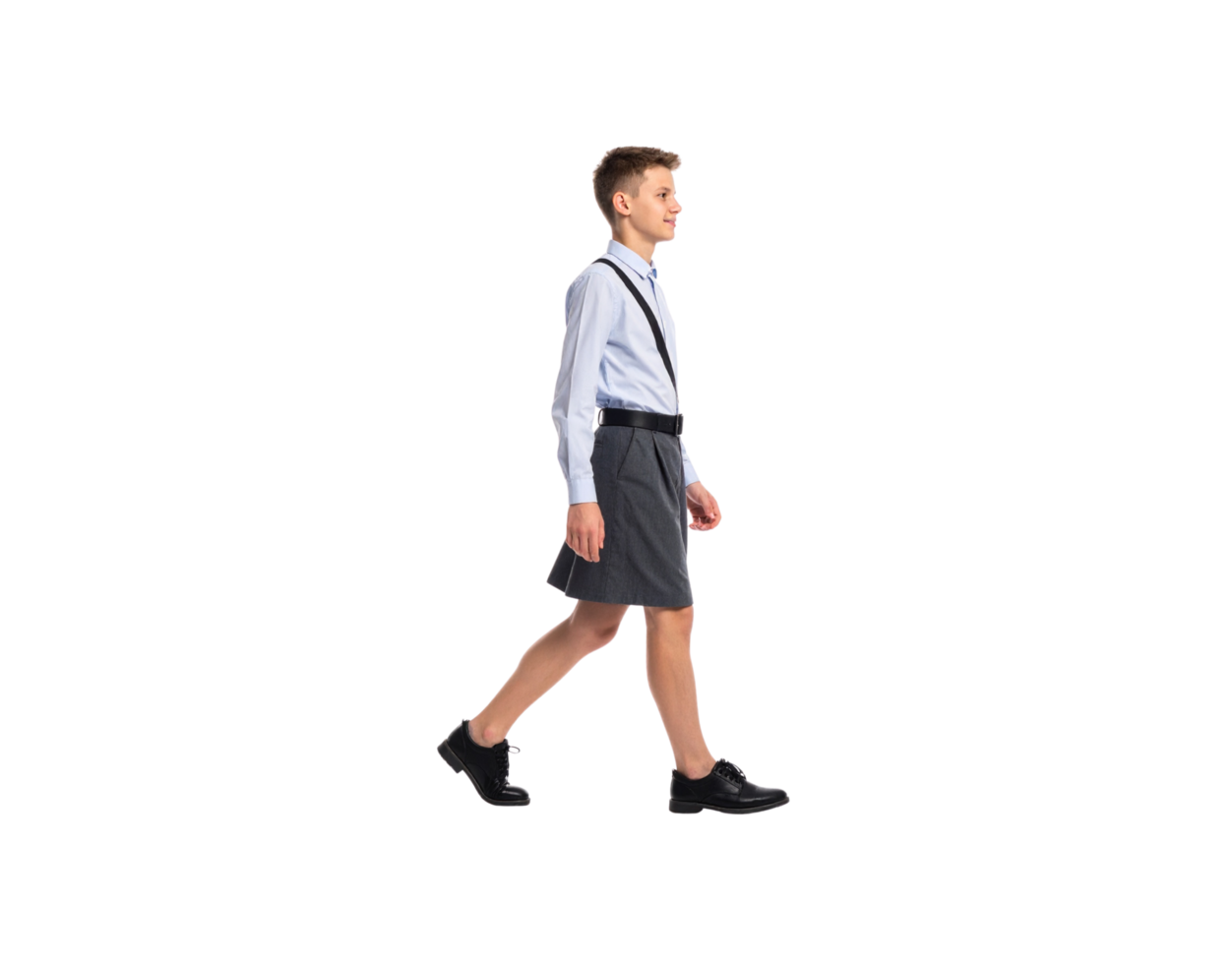 Teenager in School Uniform Walking in Profile Light Blue Shirt and Grey Skirt. png