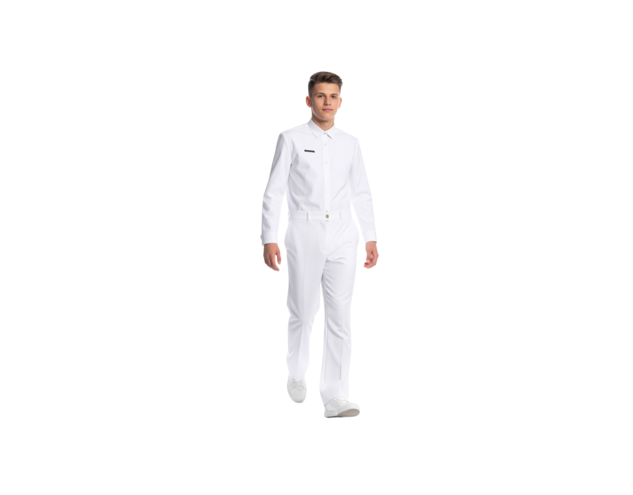 Young Man in White Uniform Walking Forward Confidently. png