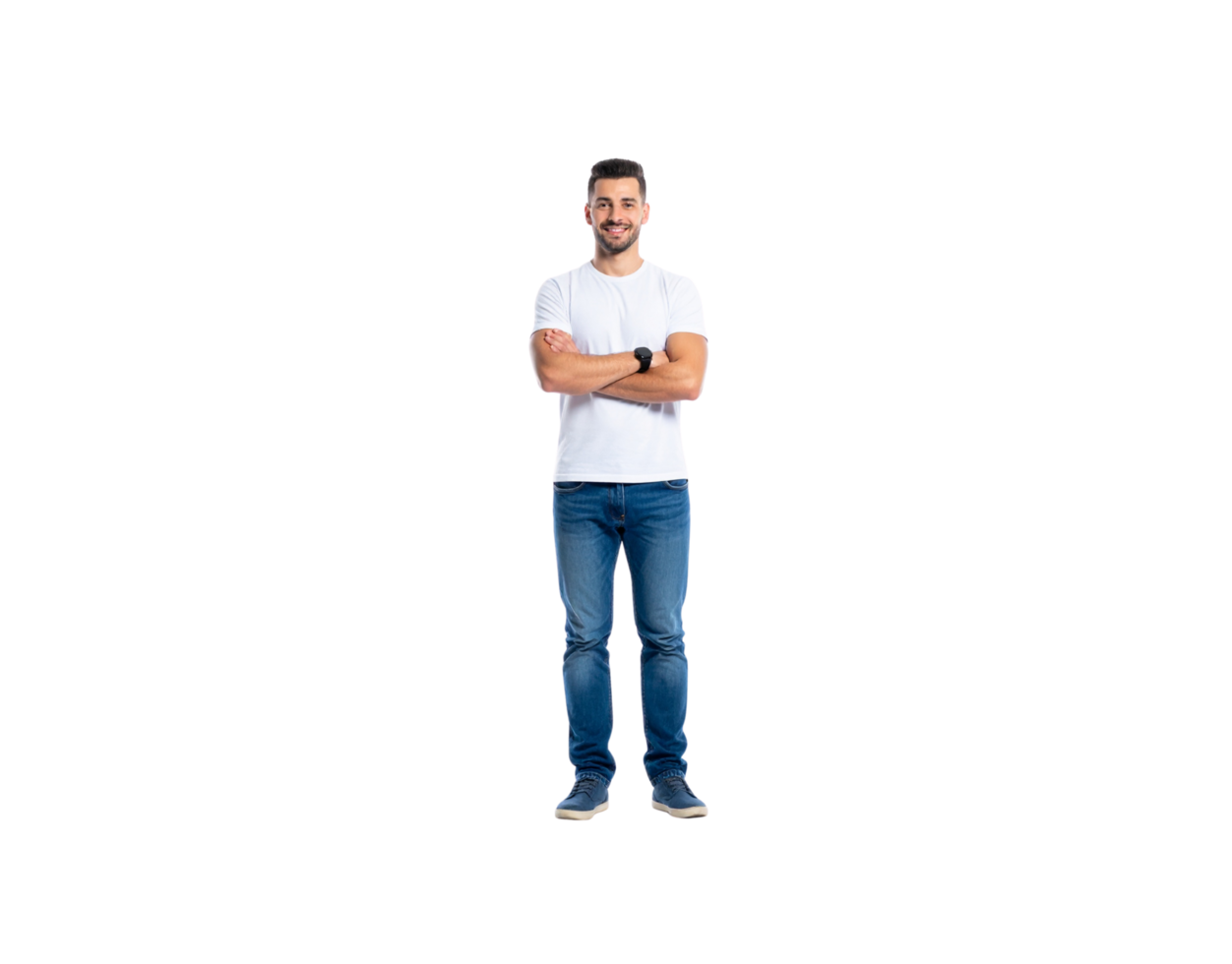 Smiling Man in White TShirt and Jeans with Arms Crossed. png