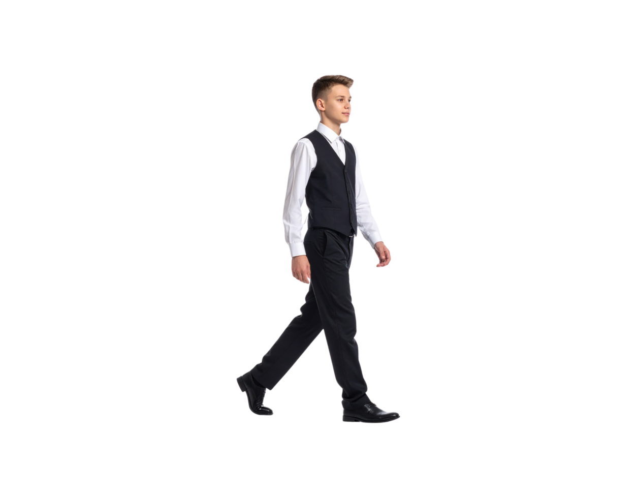 Young Man Walking in Formal Attire Black Vest and Dress Shoes. png