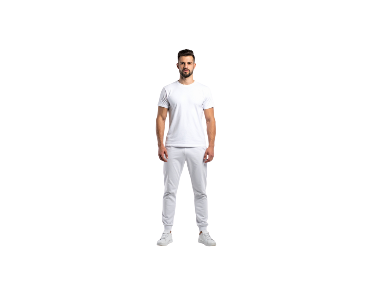 Man in White Outfit TShirt Joggers and Sneakers Front View. png