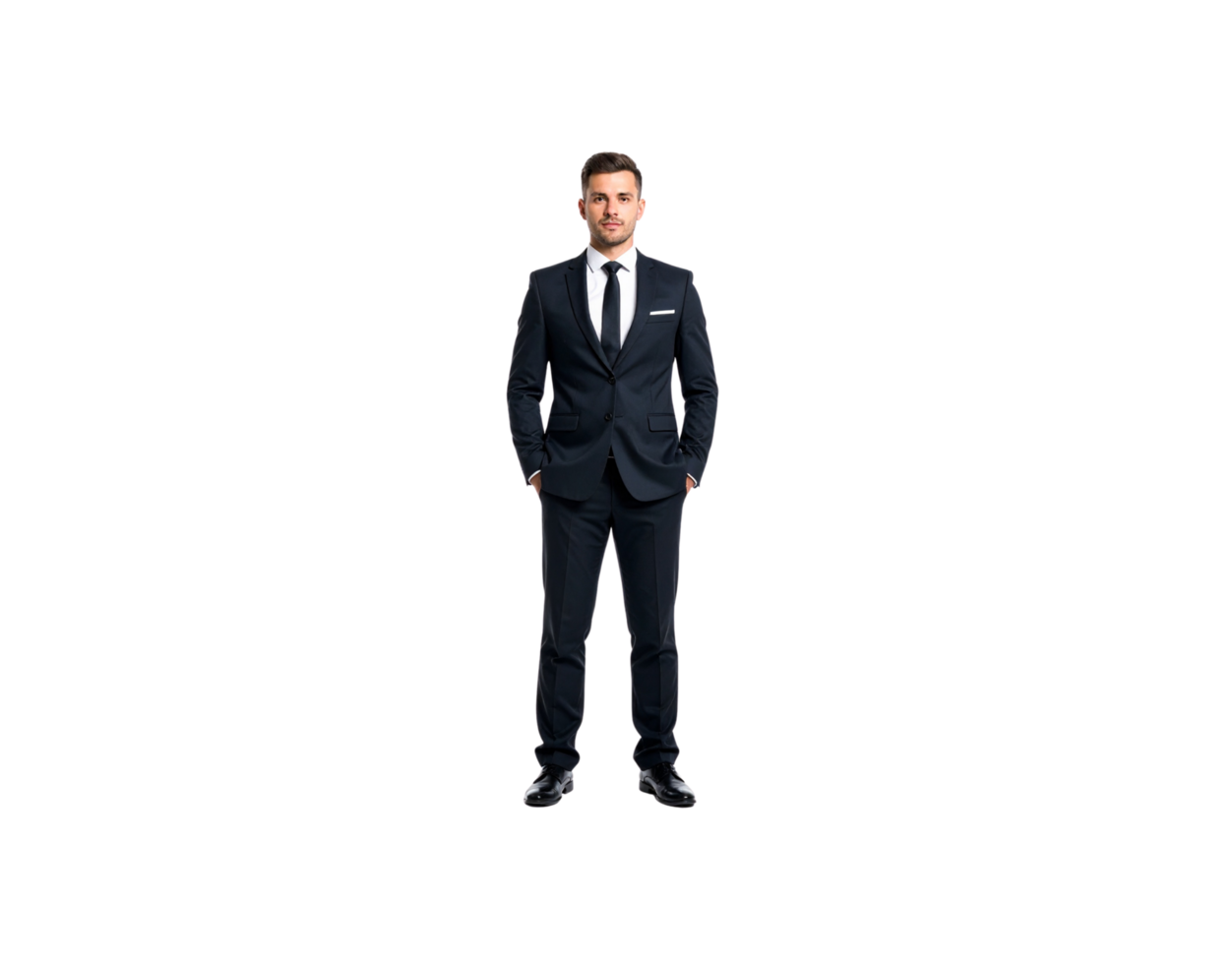 Confident Businessman in Dark Suit with Hands in Pockets Full Shot. png