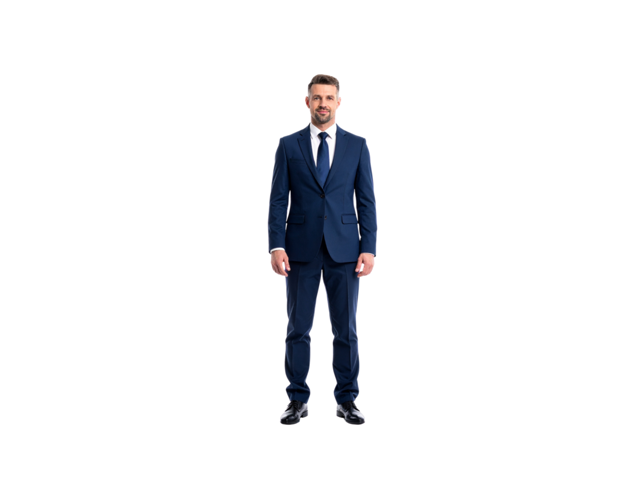 Confident Businessman in Blue Suit Standing Tall and Smiling. png