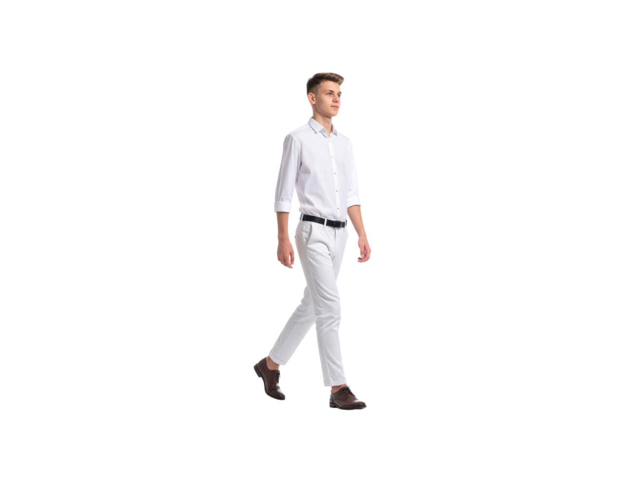 Young Man Walking in White Shirt and Pants with Brown Leather Shoes. png