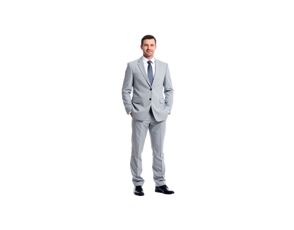 Confident Businessman in Light Gray Suit with Hands in Pockets. png