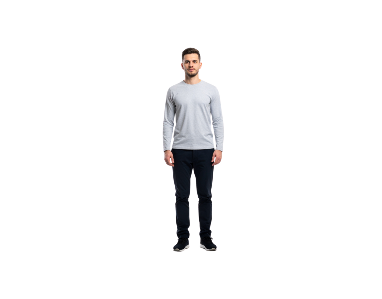 Fulllength portrait of a man in a gray longsleeve shirt and dark pants. png