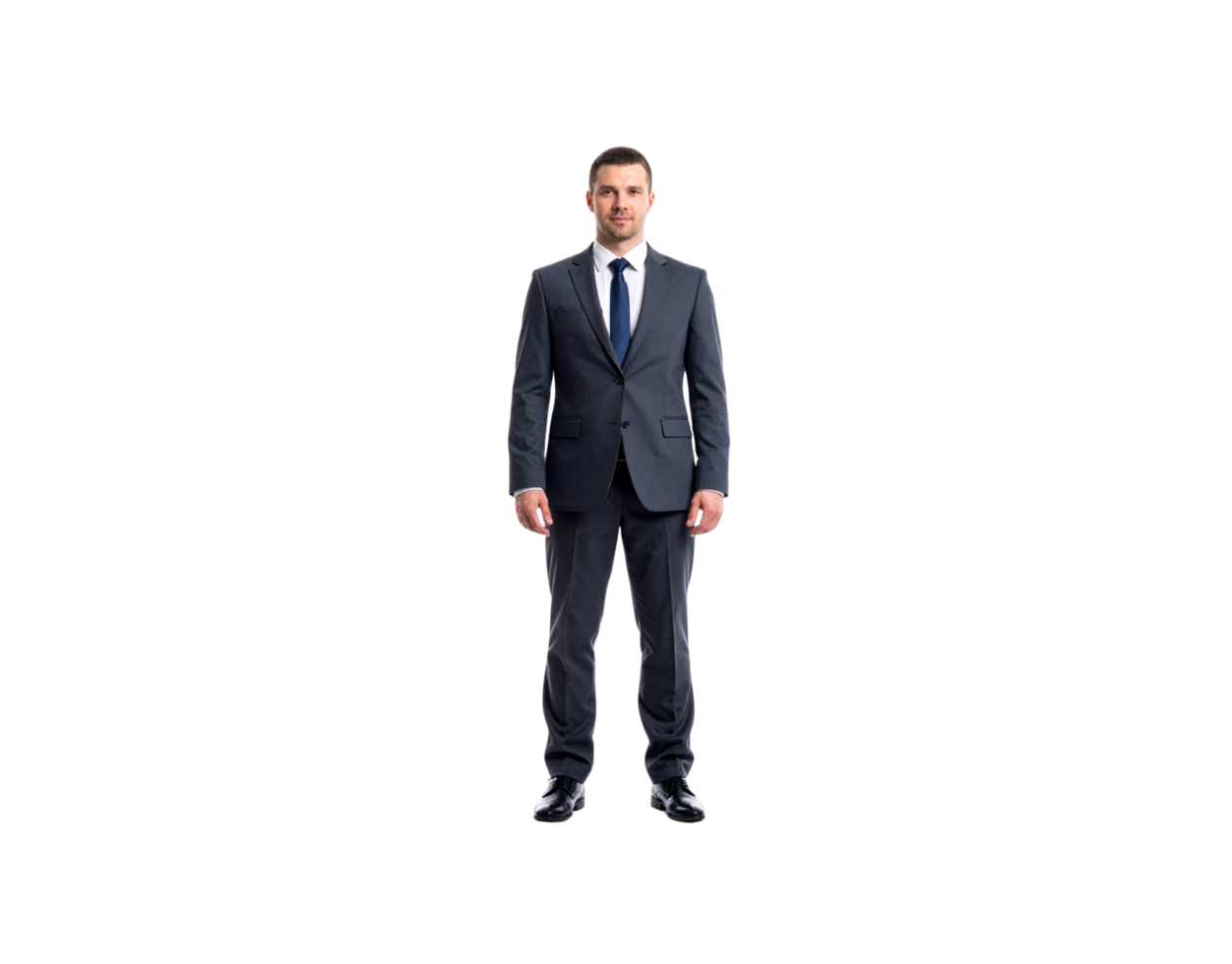 Confident Businessman in Dark Suit and Blue Tie Standing Still. png