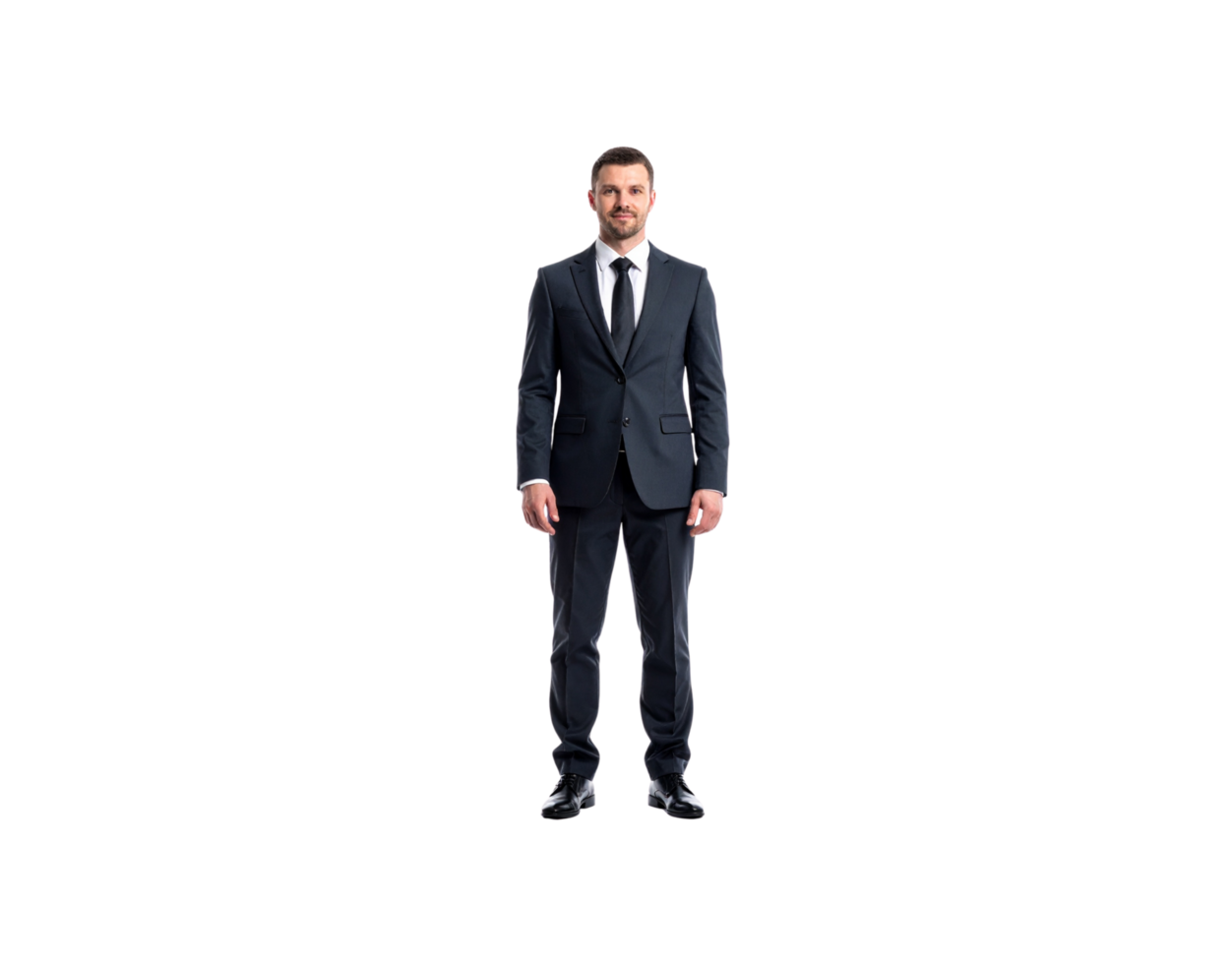 Confident Businessman in Dark Suit Standing Tall Facing Forward. png