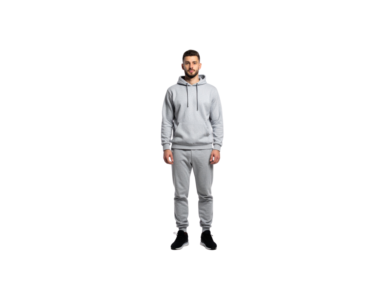 Man Wearing Gray Hoodie and Sweatpants Standing Still. png