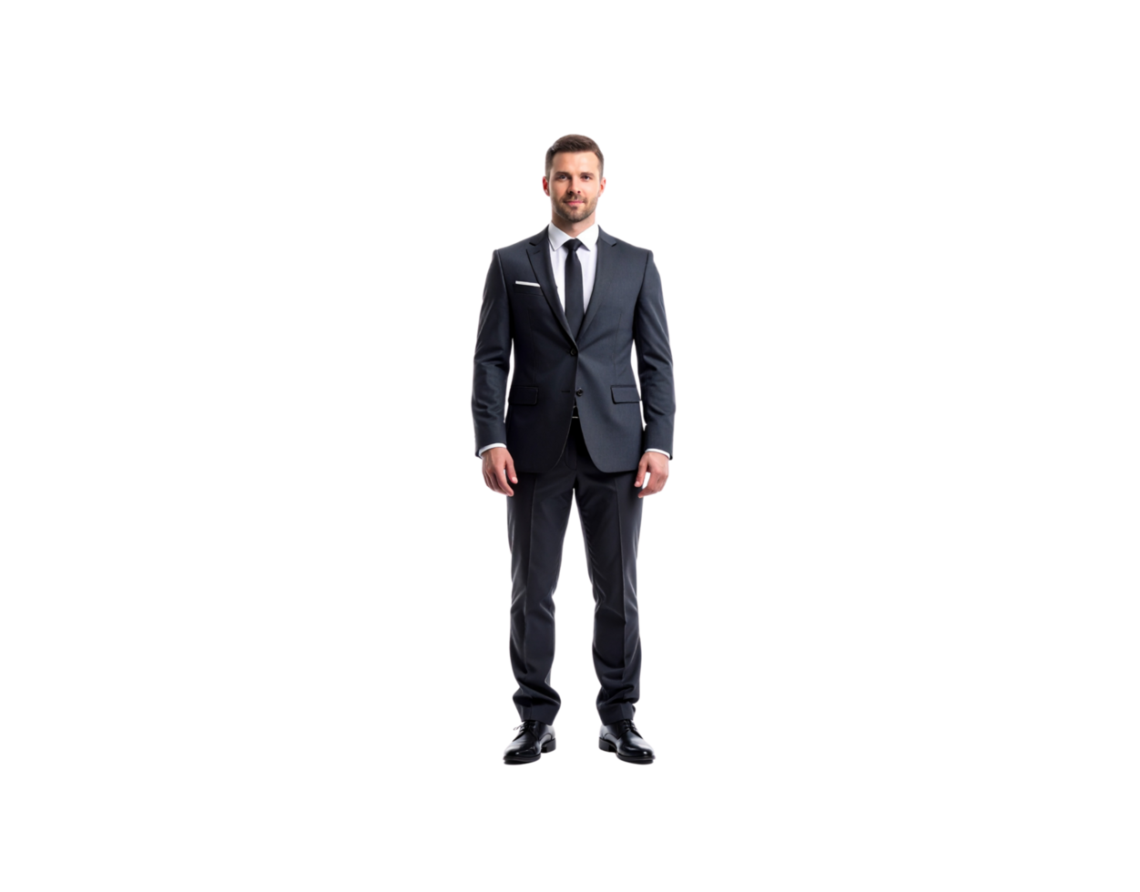 Confident Businessman in Dark Suit with White Pocket Square Standing Tall. png