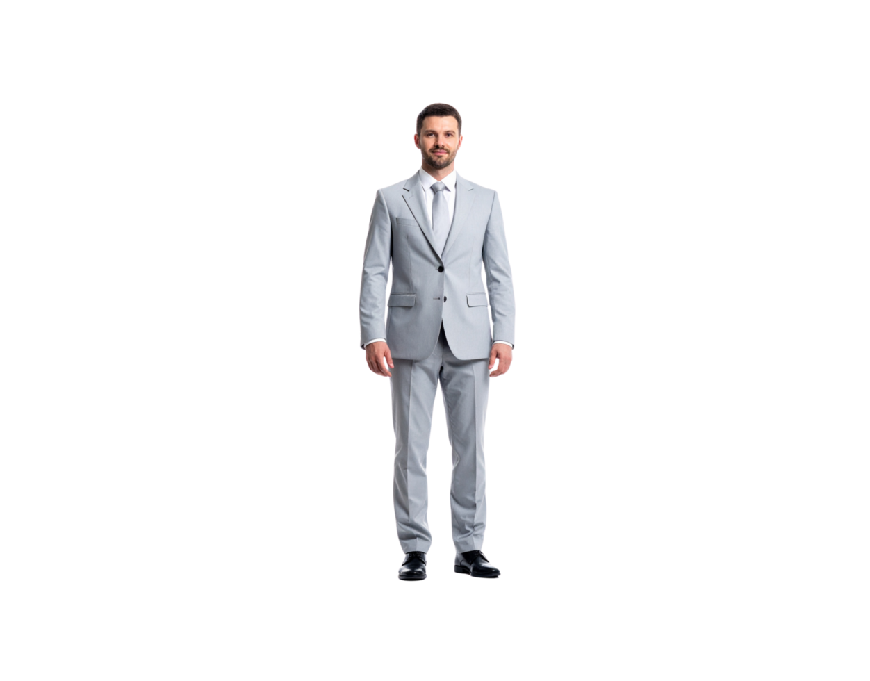 Confident Man in Light Gray Suit Standing Straight Smiling Slightly. png