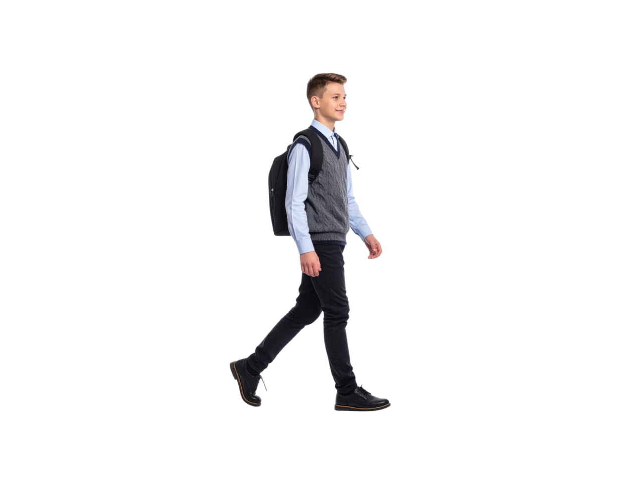 Walking Schoolboy with Backpack Wearing Vest and Jeans Side View. png