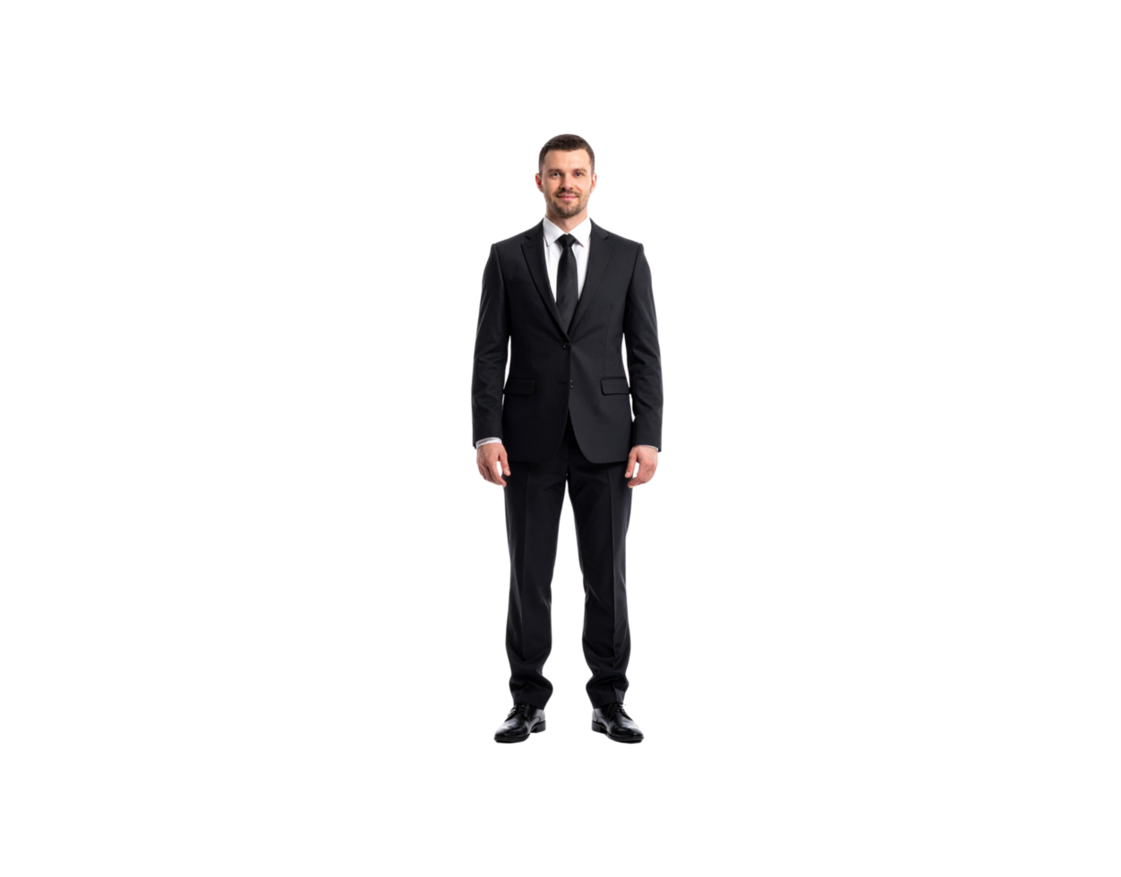Confident Businessman in Dark Suit Standing Tall and Smiling. png