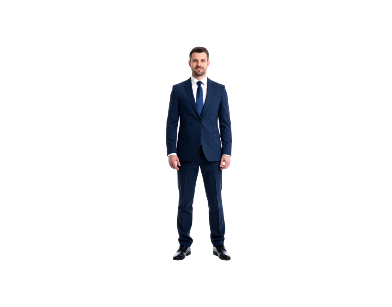 Confident Businessman in Navy Suit with Blue Tie Standing Tall. png