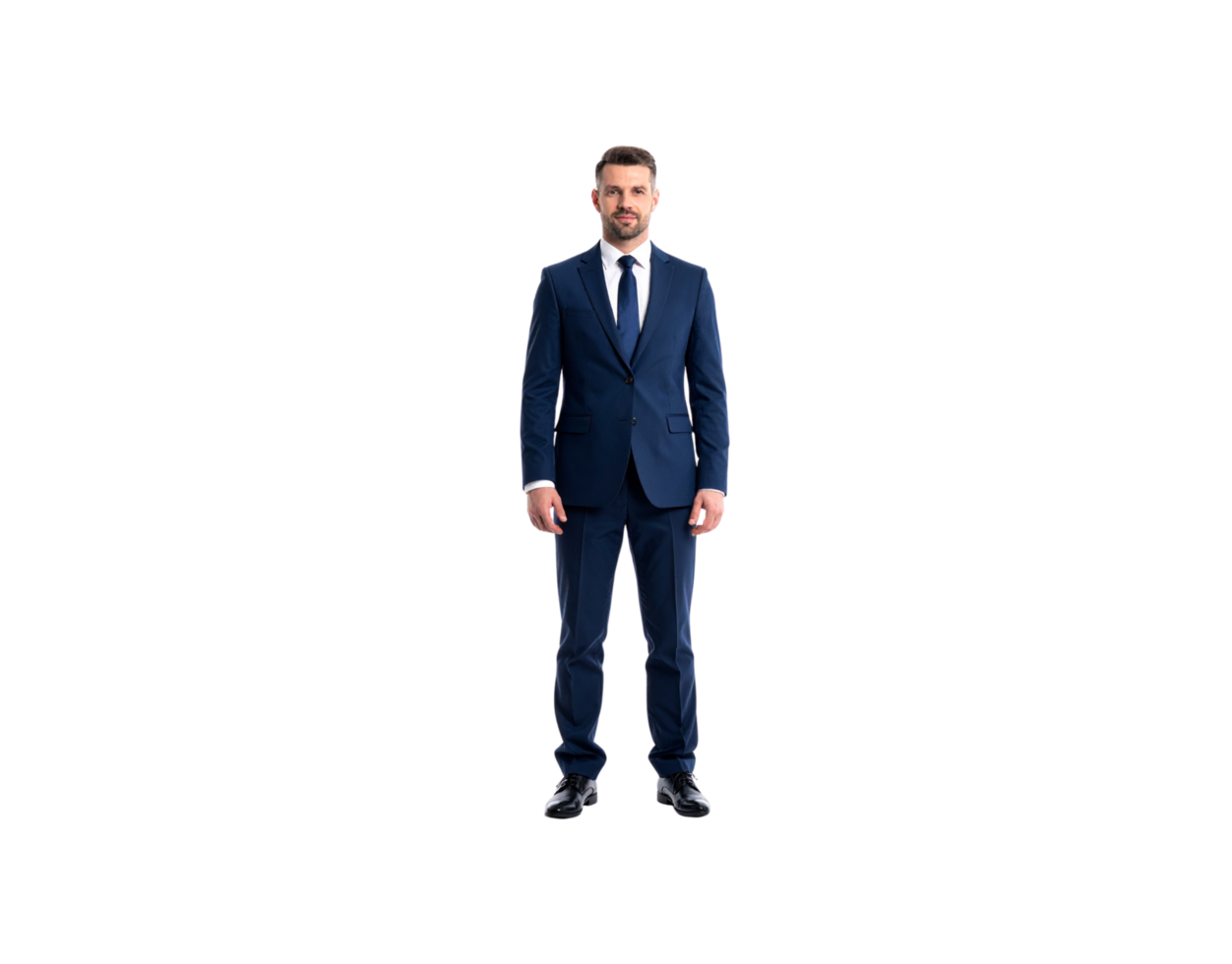Confident Businessman in Navy Suit Standing Tall Formal Attire. png