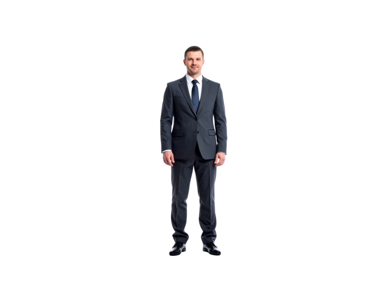 Confident Businessman in Gray Suit with Blue Tie Standing Tall. png