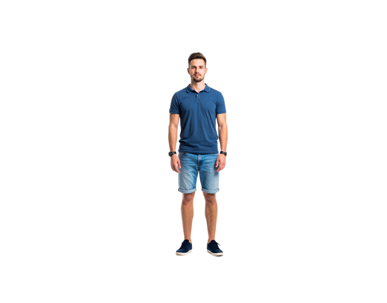 Standing Man in Blue Polo Shirt and Denim Shorts. png