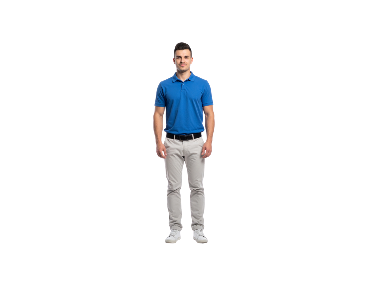 Full shot of a man in blue polo shirt and gray pants. png