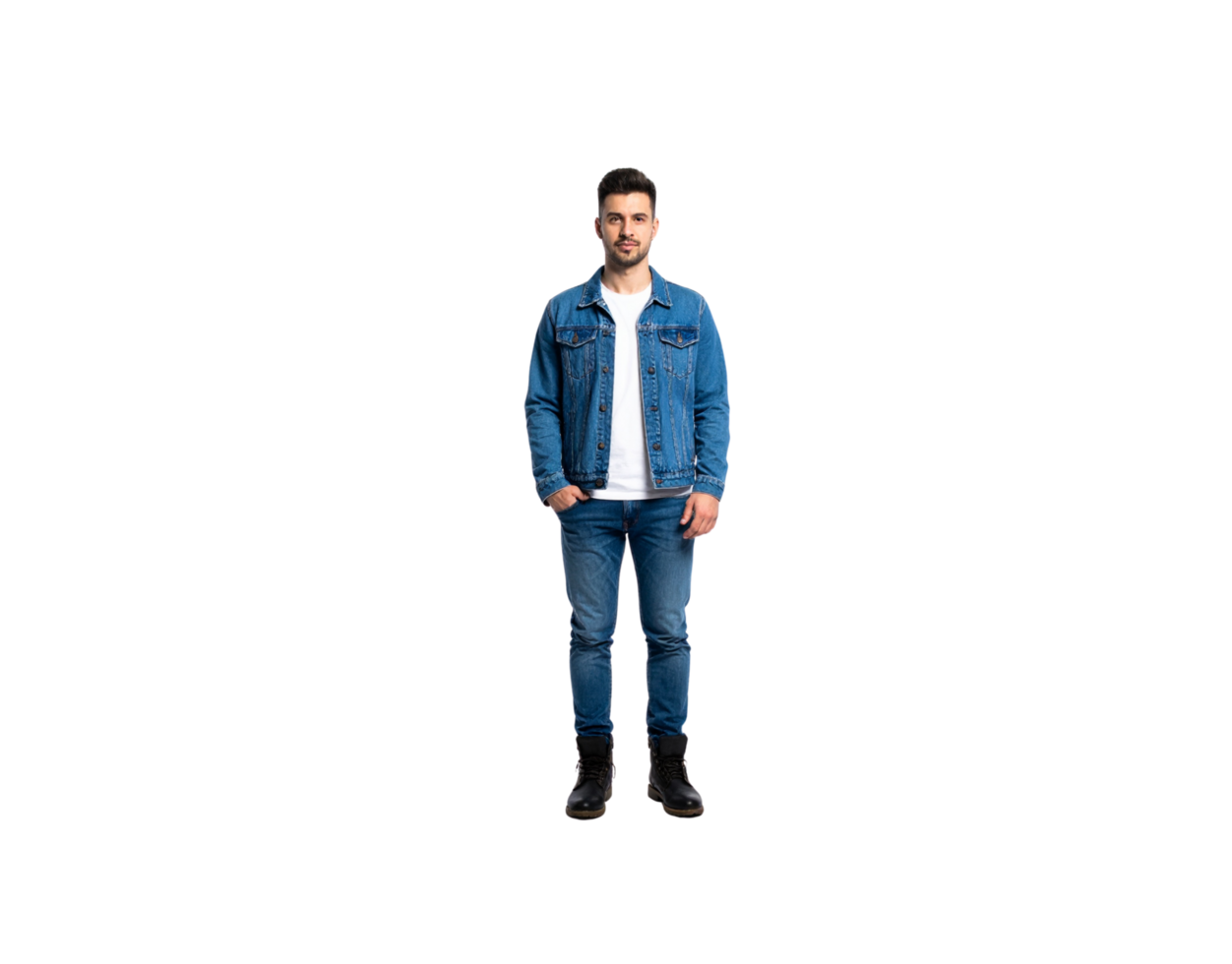 Man in Denim Jacket and Jeans Standing with Hand in Pocket. png