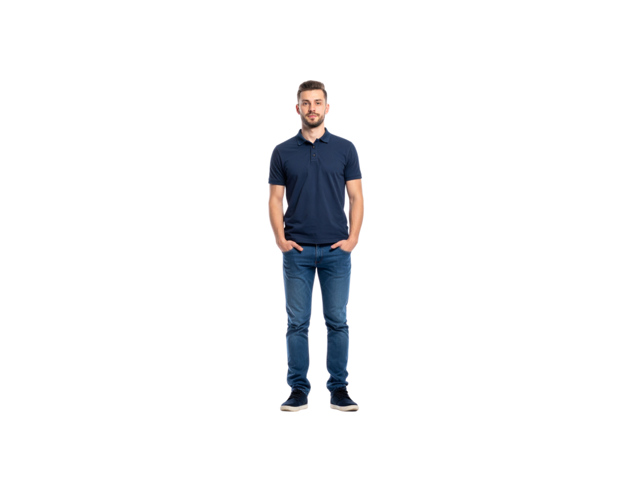 Fulllength portrait of a man in a blue polo shirt and jeans. png