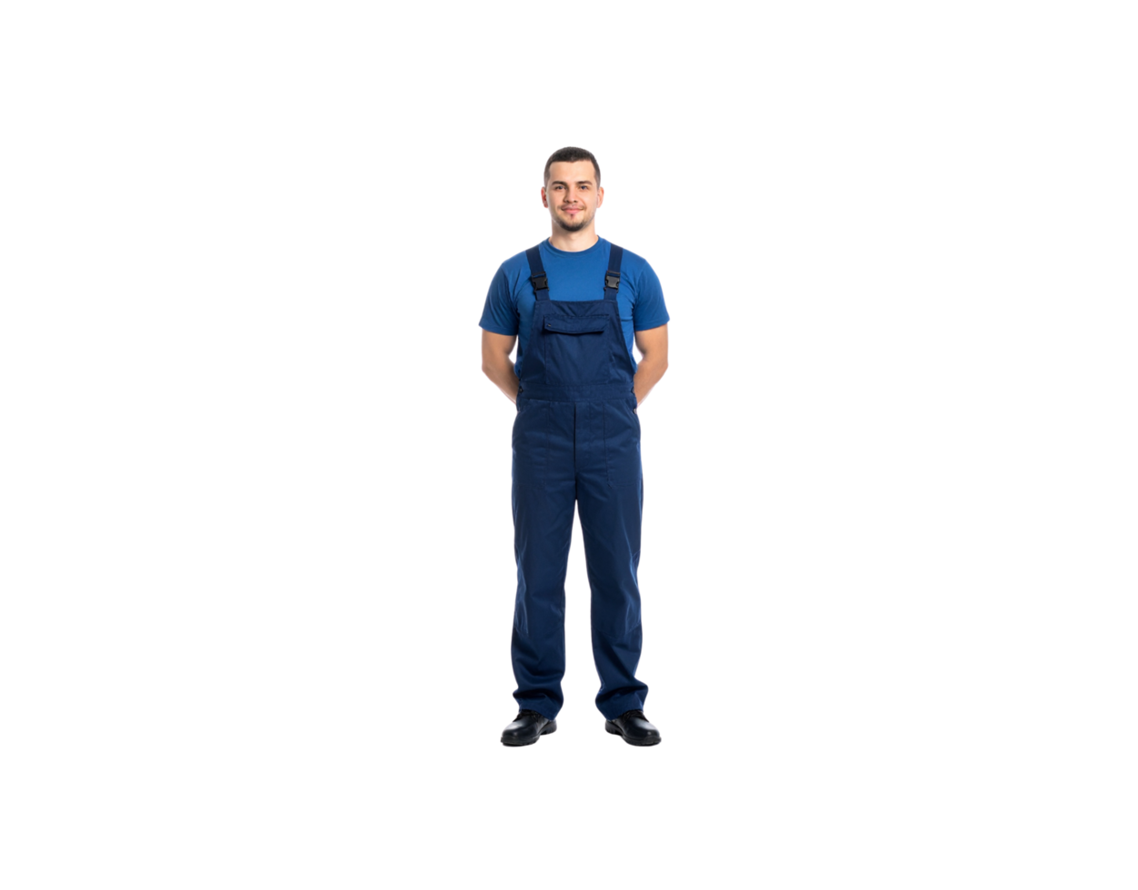 Smiling Man in Blue Overalls Standing with Hands Behind Back. png