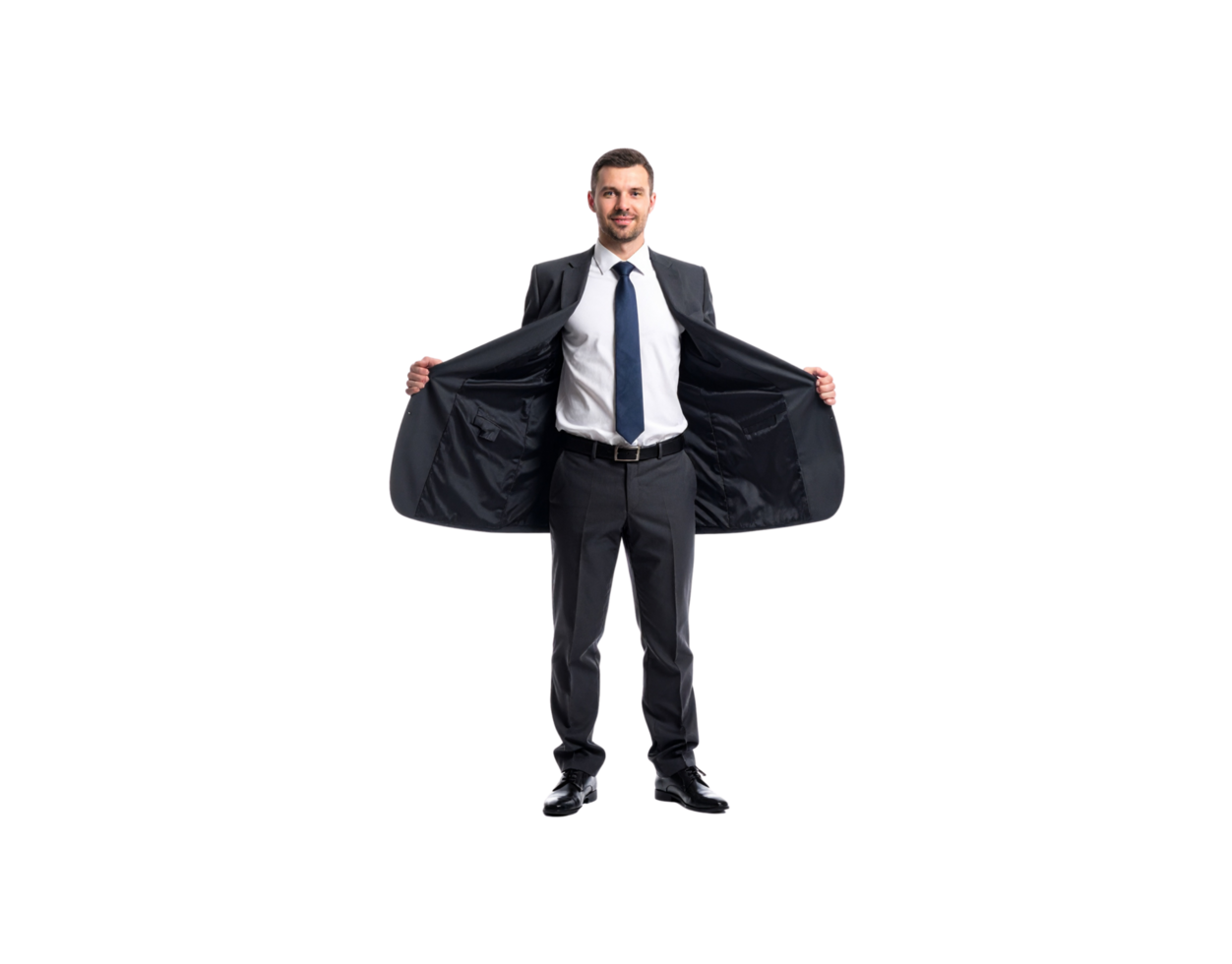 Smiling Businessman in Gray Suit Opening Jacket White Shirt Blue Tie. png
