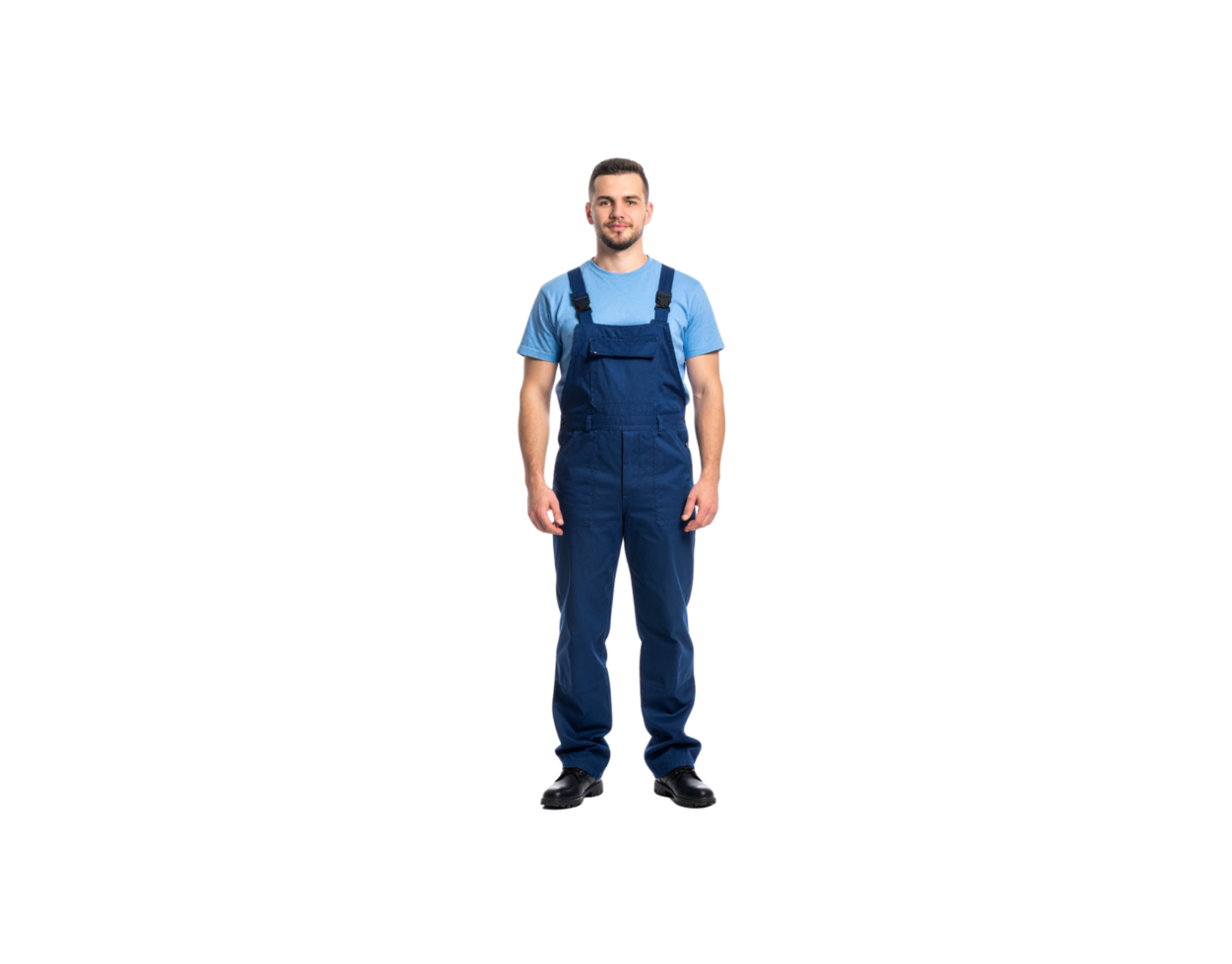 Smiling Man in Blue Overalls and TShirt Standing Straight. png