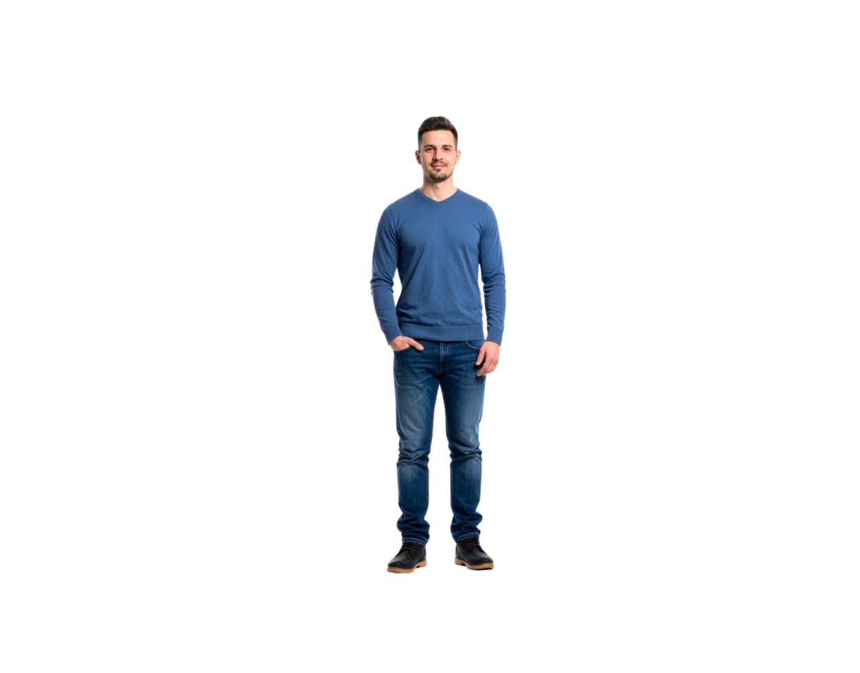 Full Shot of a Man in Blue Sweater and Jeans with Hand in Pocket. png