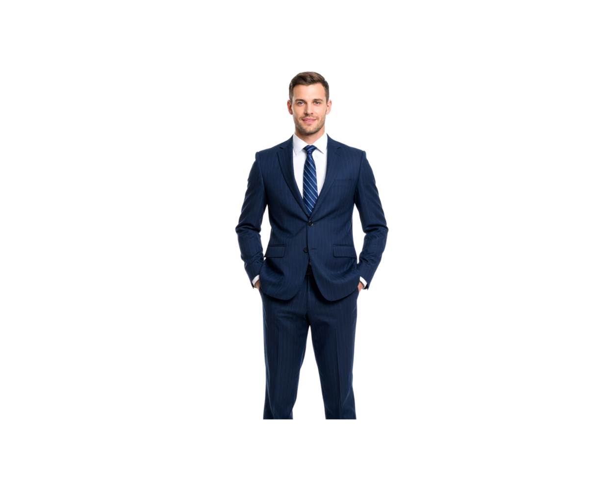 Confident Man in Striped Navy Suit with Hands in Pockets. png