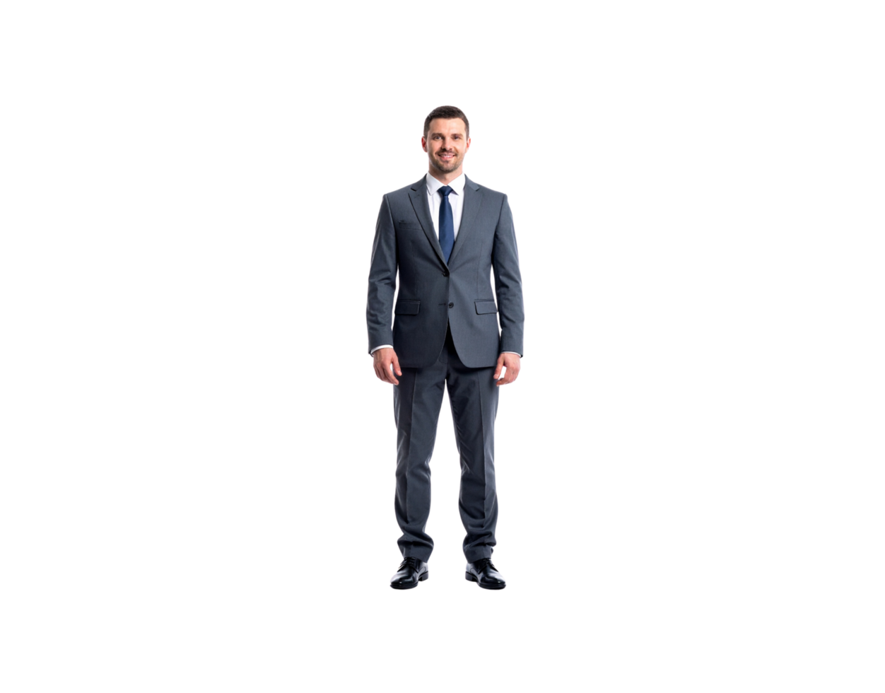 Smiling Businessman in Gray Suit and Blue Tie Full Length Portrait. png